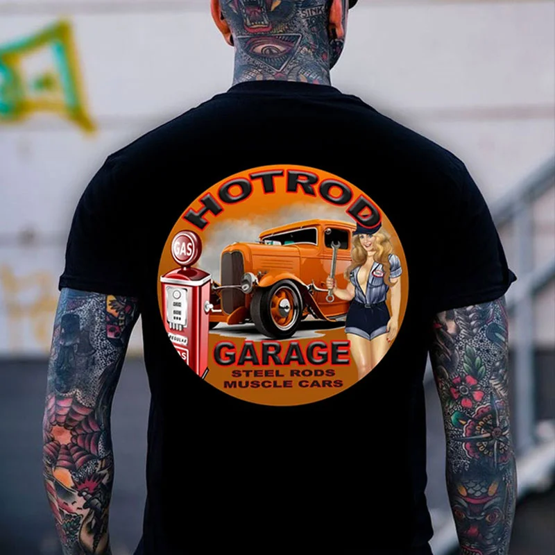 HOT ROD GARAGE Sexy Lady&Classic Car Print Men's T-shirt