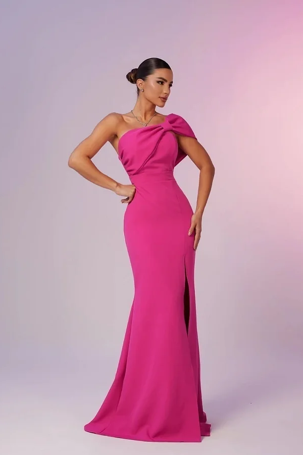 Daisda Fuchsia Sleeveless Halter Strap Asymmetric Bowknot Long Prom Dress