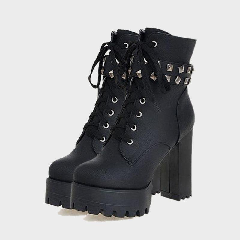 Studded Strap Lace Up Platform Boots