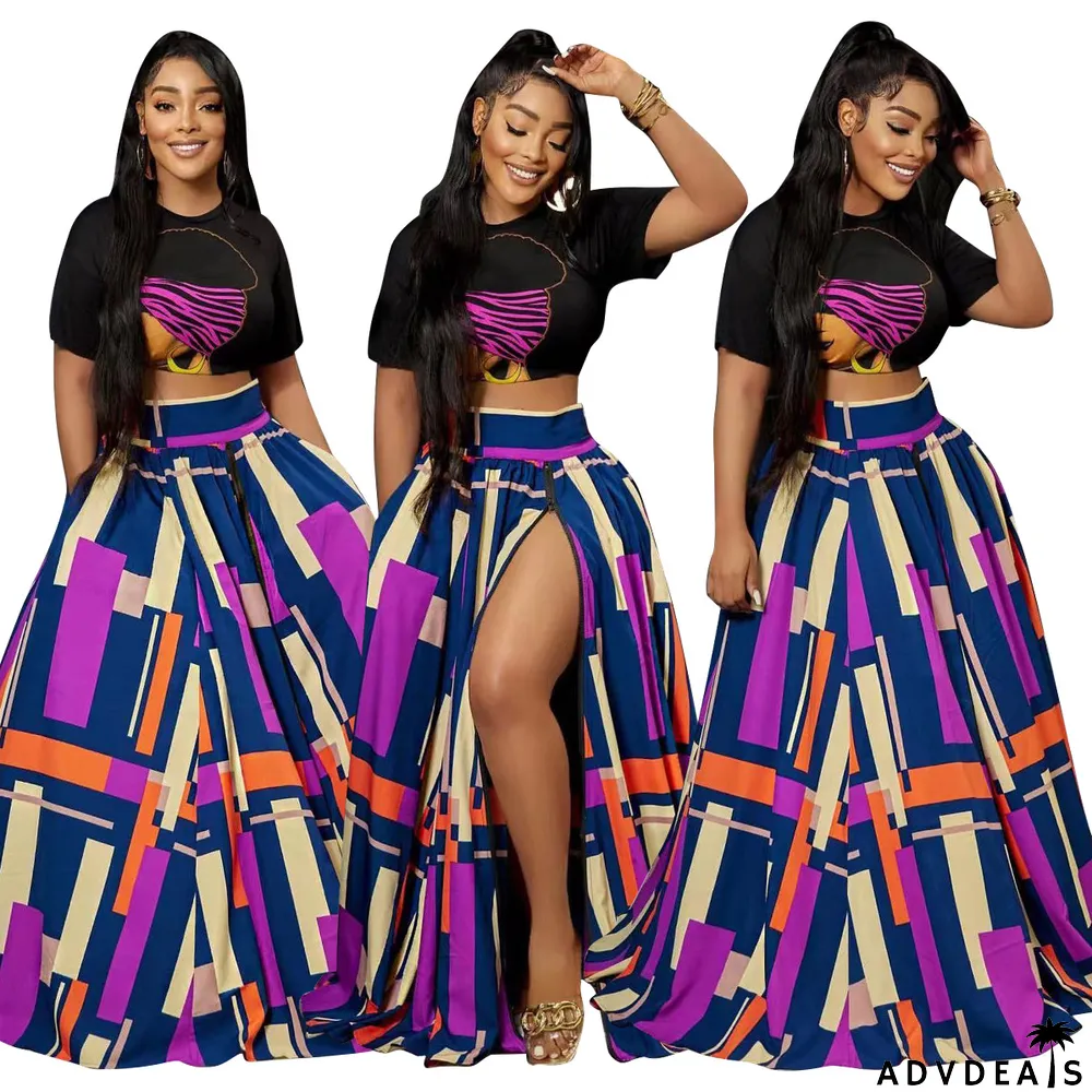 Summer Printed Top+Printed Swing Skirt Two-Piece Set