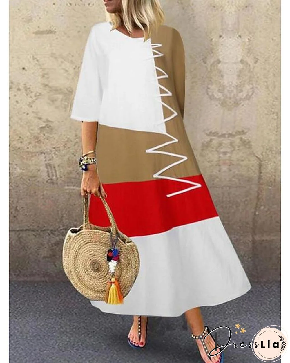 Women's Swing Dress Maxi long Dress Half Sleeve Color Block Patchwork Summer Hot Casual Cotton White Red Khaki Gray M L XL XXL 3XL 4XL 5XL White Dresses