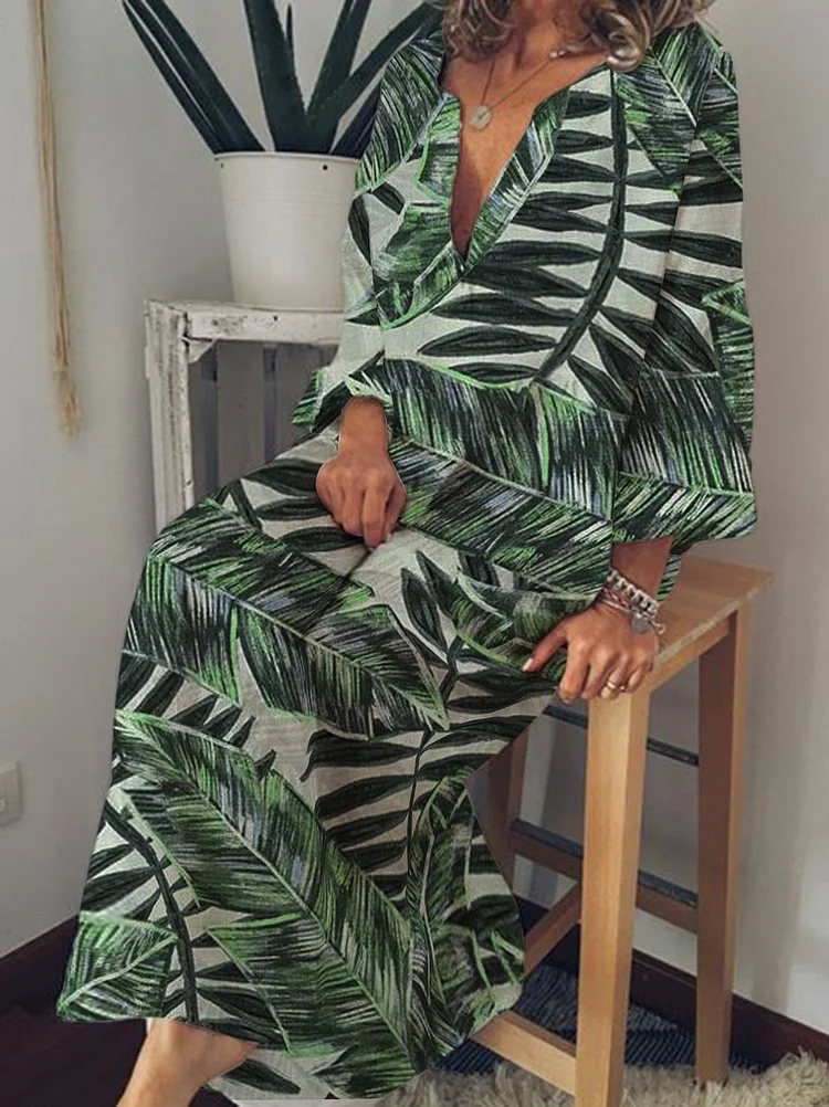 Palm Print  V- Neck Long Sleeve Casual Dress-Mayoulove