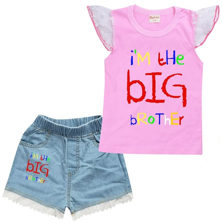 Im The Big Brother Print Girls Cotton Tank Top Denim Shorts Suit Sets-Mayoulove