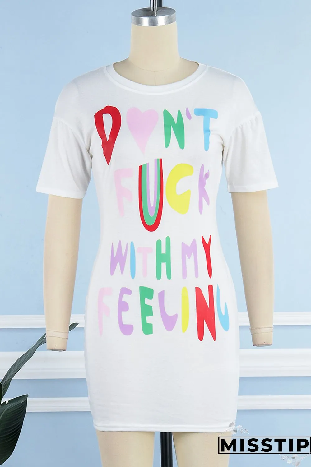 White Casual Letter Print Basic O Neck T-shirt Dress Short Sleeve Dress