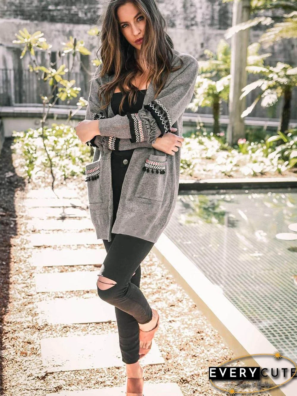 Front Open Long Sleeves Pocketed Cardigan Sweater
