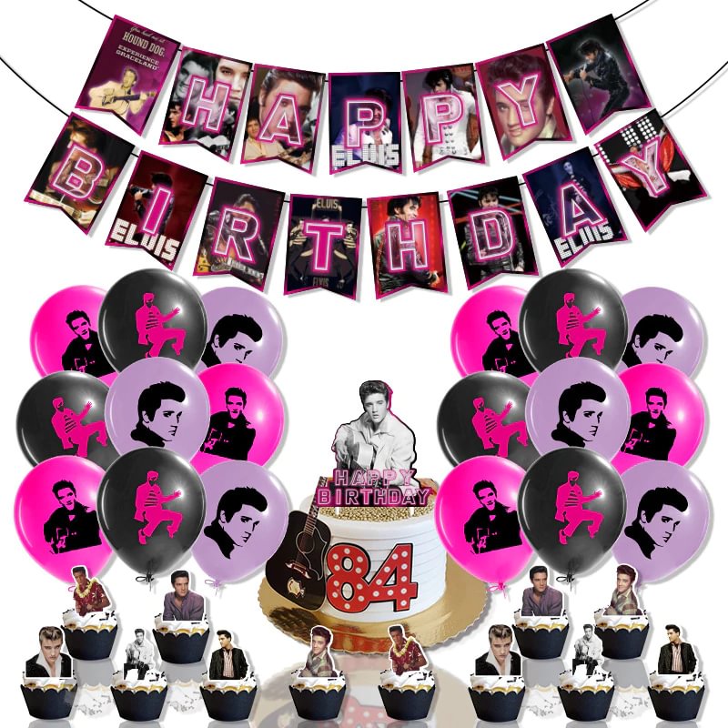 Elvis Presley Birthday Party Supplies King of Rock and Roll Decoration Kit Banner Cake Toppers Balloons