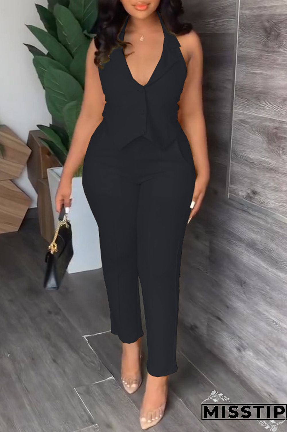 Black Casual Solid Backless Halter Sleeveless Two Pieces