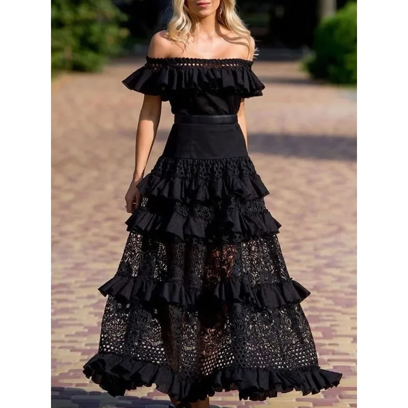 Women's Elegant Lace High Waist Slim Fits Off-Shoulder Wide Hem Ruffled Maxi Dress For Wedding Party