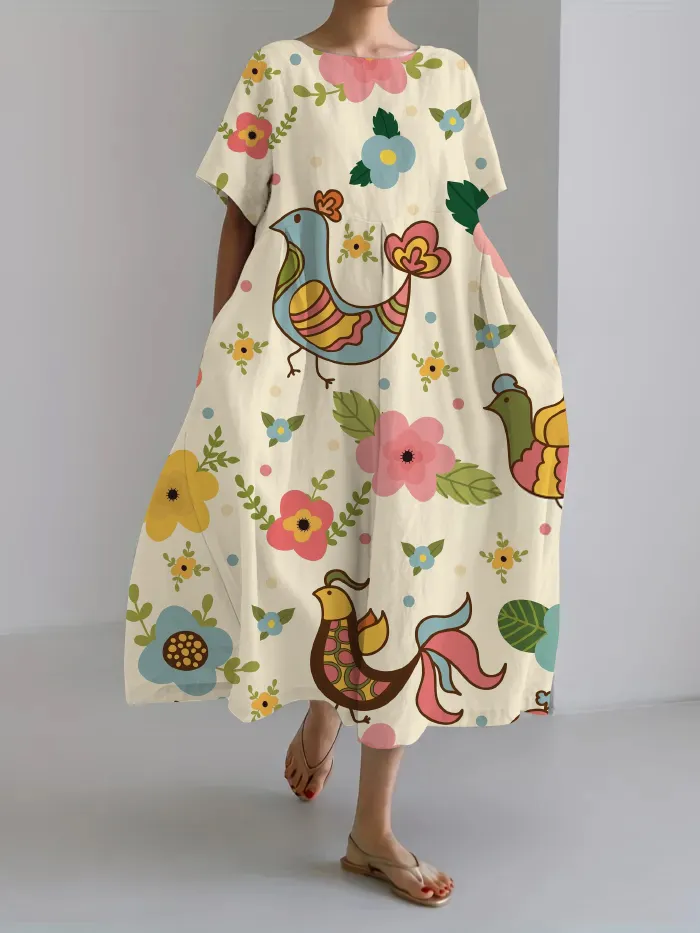 Women Japanese Art Animal Pattern Linen Blend Maxi Dress