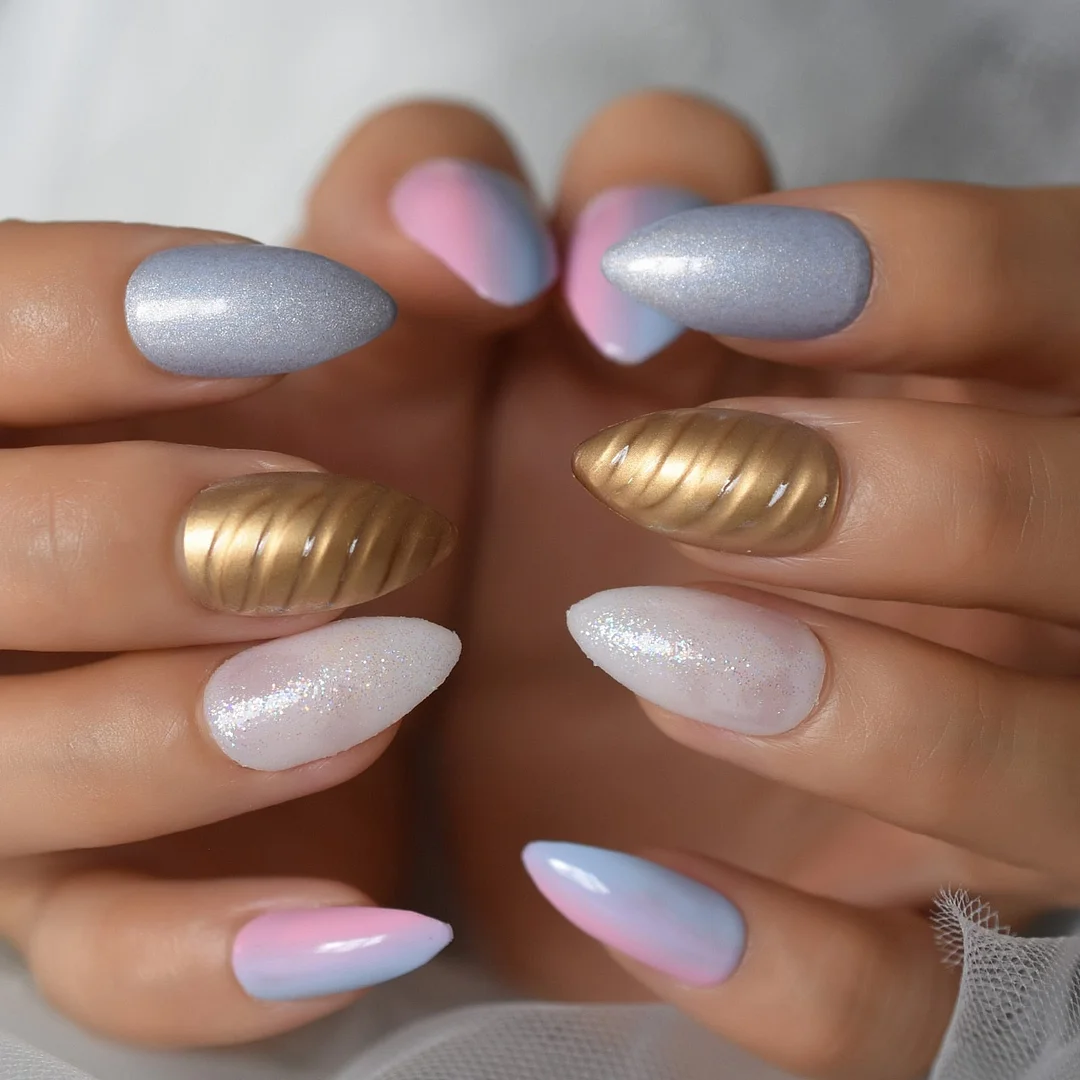 gel Cover False Nails Gold Glitter Nude Ladi's Press On Fingernails Short with Adhesive Tabs Perfect for daily-Nail Inspo