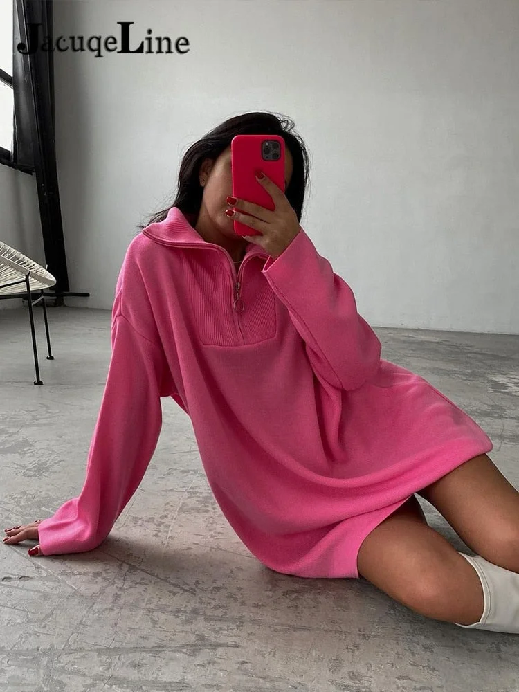 JacuqeLine 2021 Autumn Winter Zipper Mini Knitted Women's Dress Sweater Oversize Long Sleeve Y2K Top Party Woman Clothes Dresses