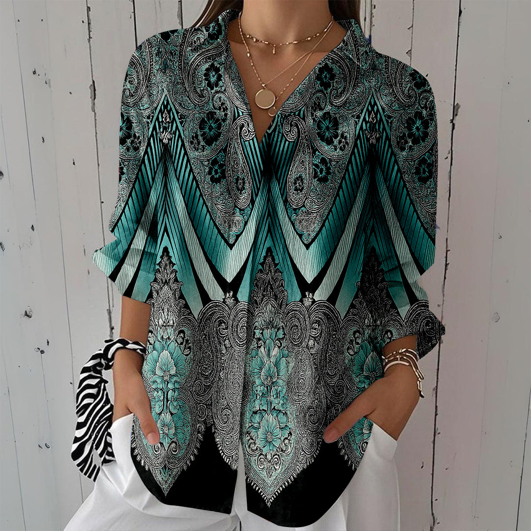 Women Long Sleeve V-neck Graphic Floral Printed Top
