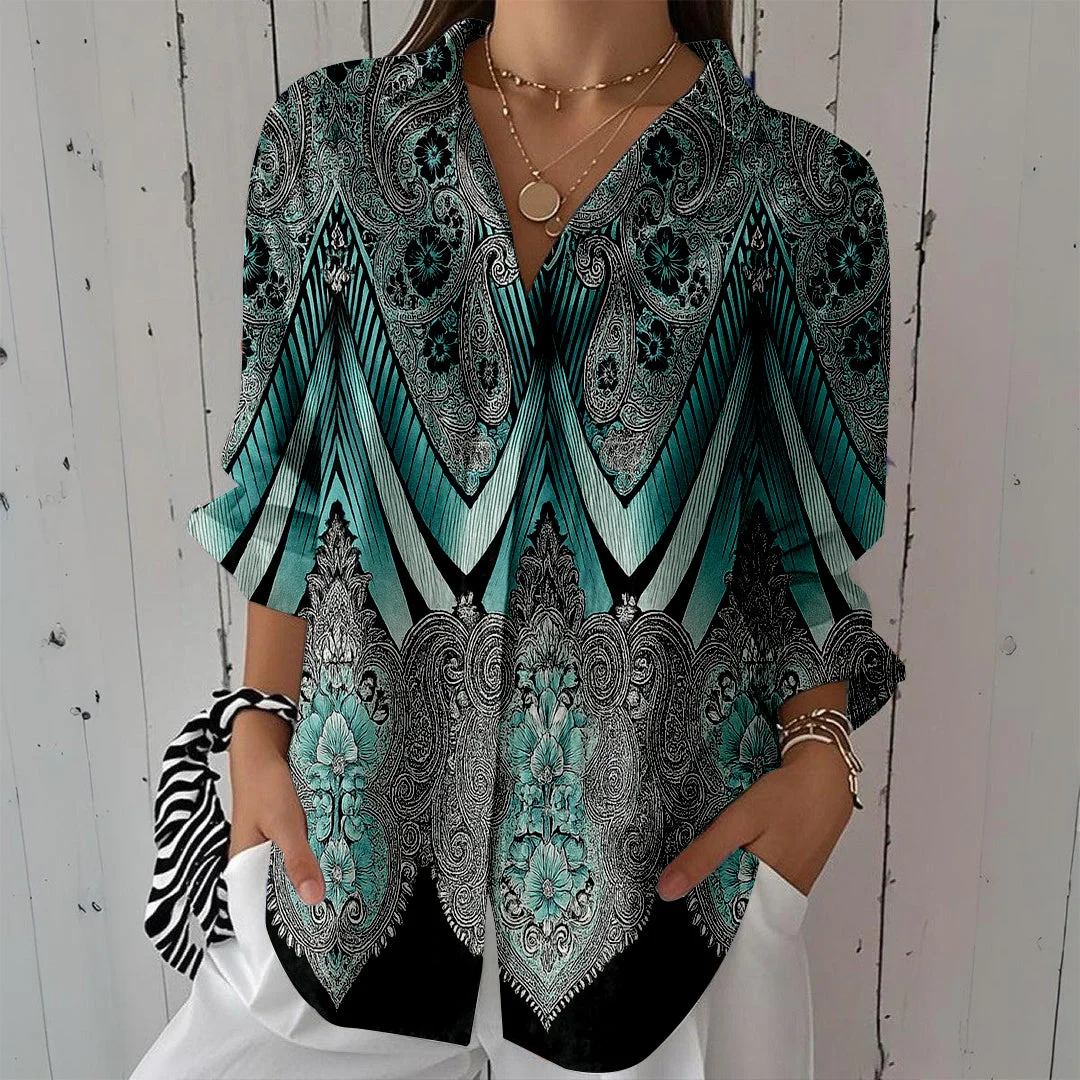 Style & Comfort for Mature Women Women Retro,  Green,  Black DZCL0423 3/4 Sleeve Shirt Collar Printed Button Tops