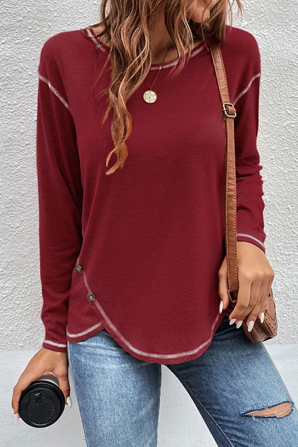 Casual Button Detailed Long Sleeve Irregular Top