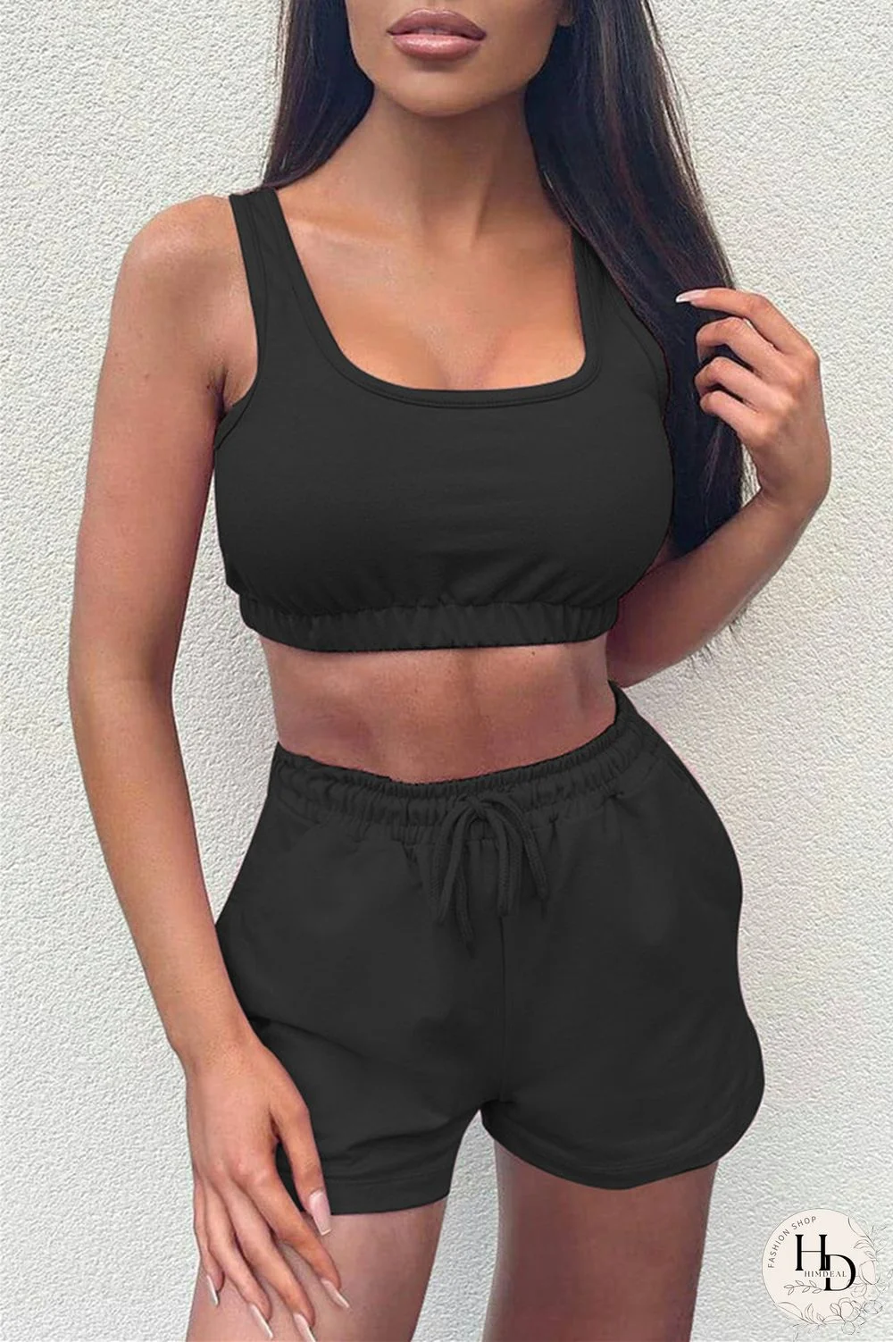 Black Fashion Casual Solid Vests U Neck Sleeveless Two Pieces