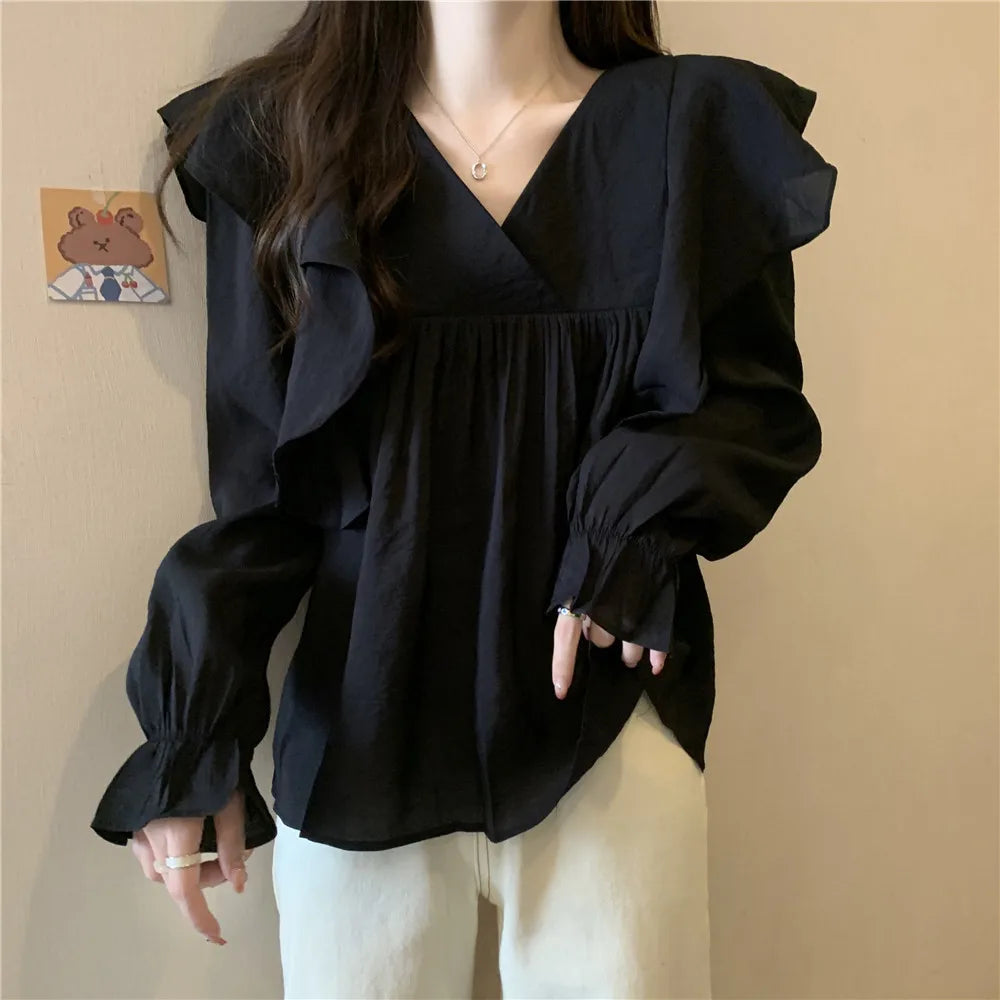 Stylish Flare Sleeve Spliced Ruffles Blouse Female Clothing Autumn New Oversized Casual Pullovers All - match Sweet Shirt Aiertu
