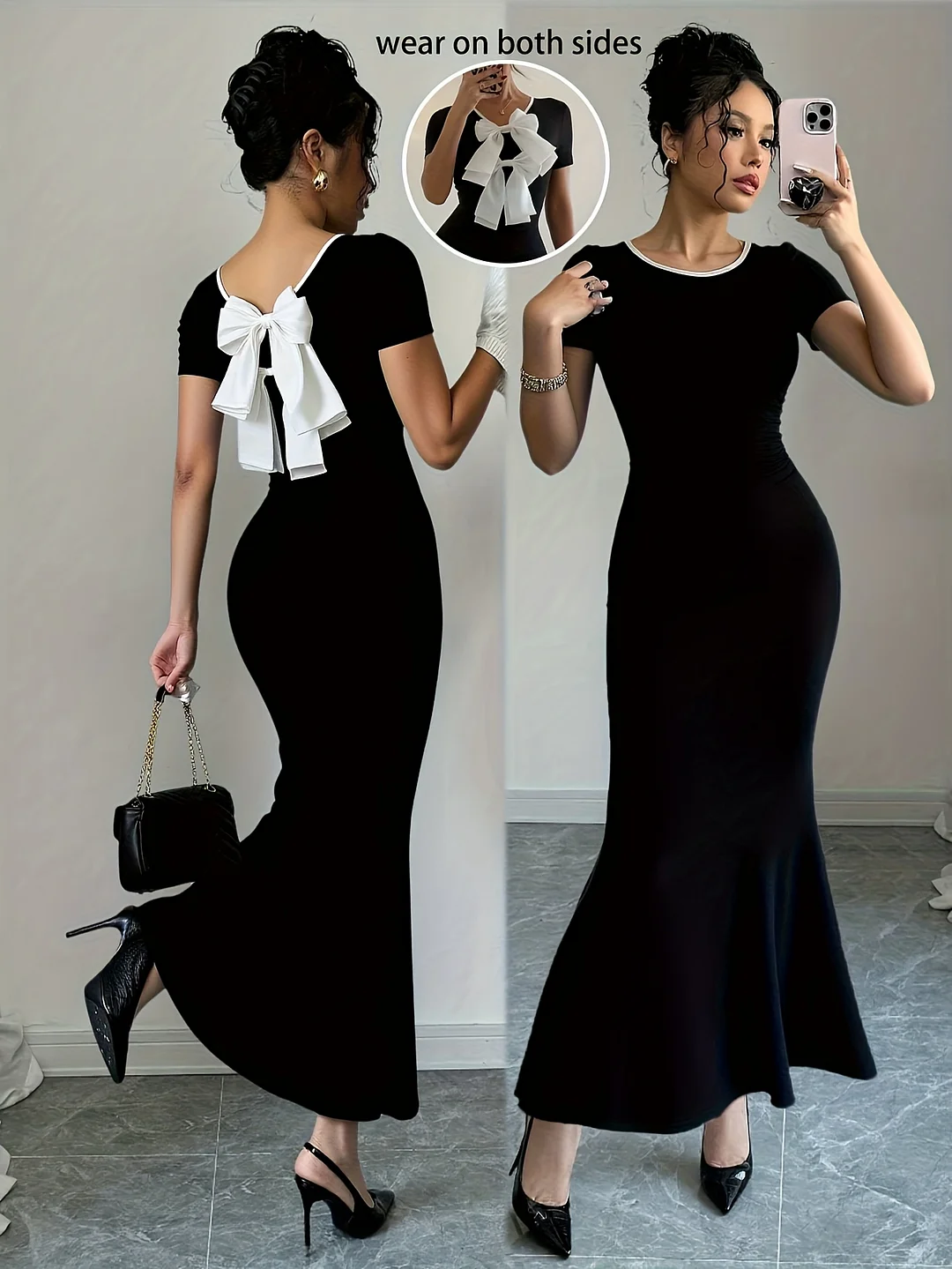 Women's Elegant Black Mermaid Maxi Dress With Bow Detail - Short Sleeve, Round Neck, Bodycon Fit, Polyester, Perfect For Spring/Summer/Fall, Adult Fashion, Elegant Attire | Bowknot Detailing | Polyester Fabri | IFYHOME