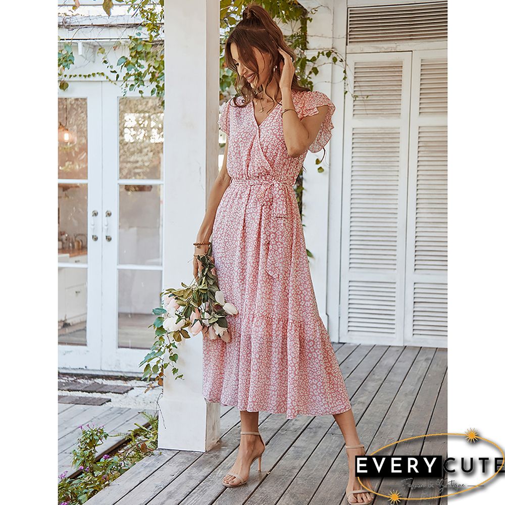 Pink V Neck Ruffle Detail Tie Waist Floral Dress