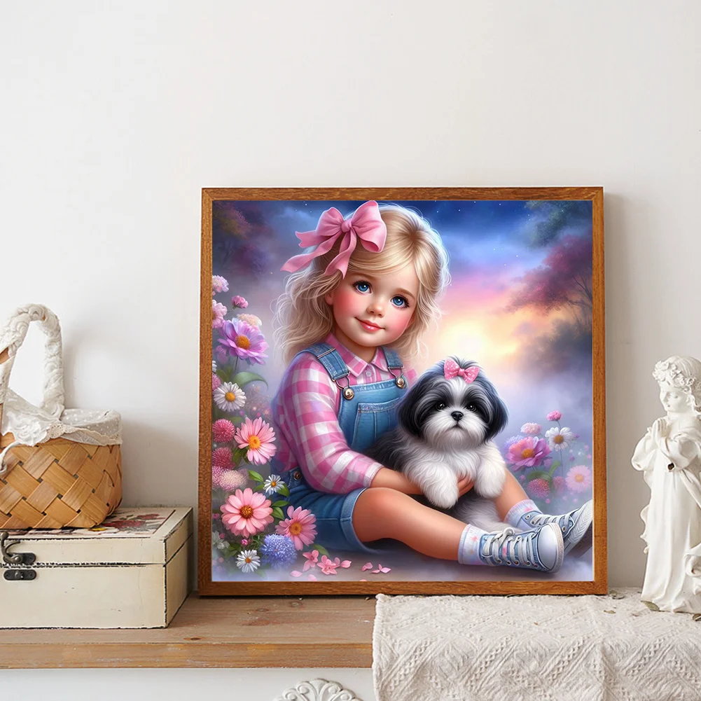 Diamond Painting - Full Round Drill - Garden Girl Dog(Canvas|30*30cm)