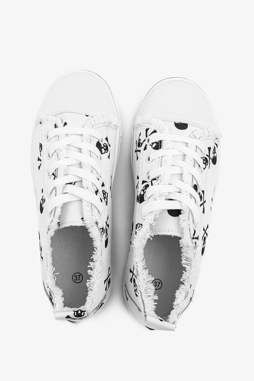 Skull Print Lace-up Frayed Canvas Sneakers