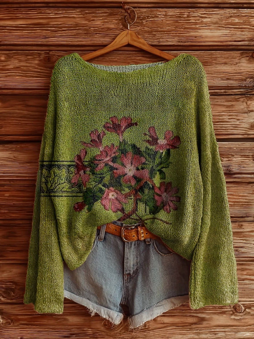 Women's Vintage Floral Art Pattern Print Casual Pullover Sweater