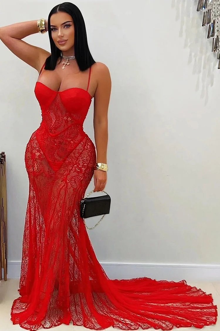 See-Through Lace Basque Waist Party Cami Maxi Mermaid Dresses-Red [Pre Order]