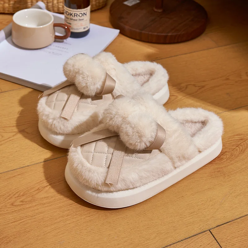 Toneke popular women's shoes Women Winter Warm Short Plush Home Slippers Female Soft Thick Bottom Home Slippers Woman Non Slip Flat Heel Indoor Cotton Slides
