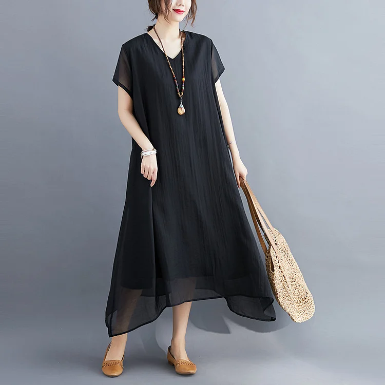 Loose Solid Color Short Sleeve V-Neck Midi Dress