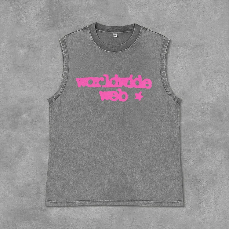 Spider Worldwide Web Graphics Acid Washed Sleeveless Tank Top SOPULA