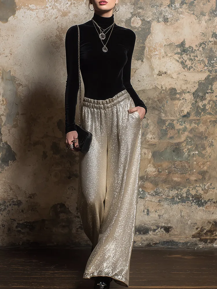 Elegant Black Velvet Top And Light Gold Wide-leg Pants Set