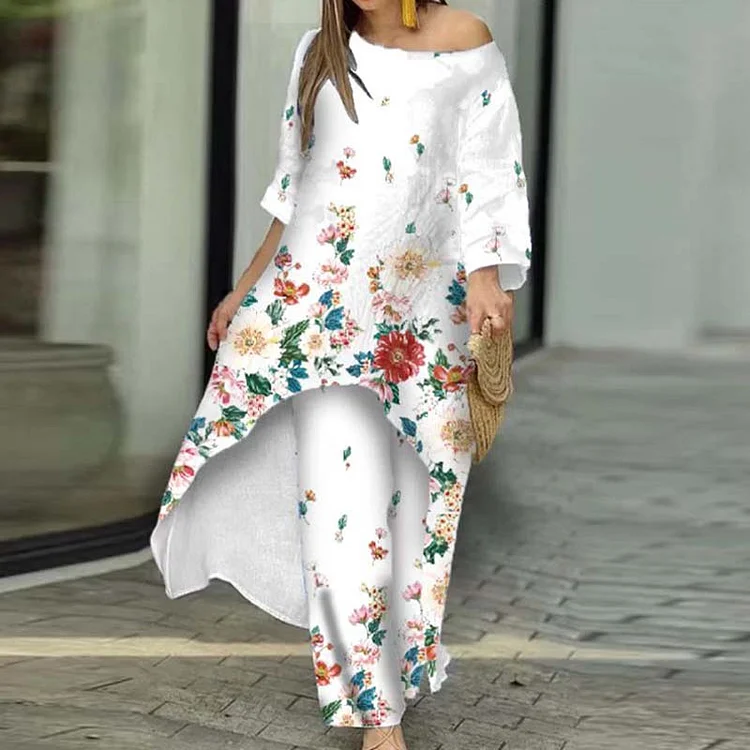 VChics Casual Floral Print Crew Neck Dress Pants Two-Piece Set