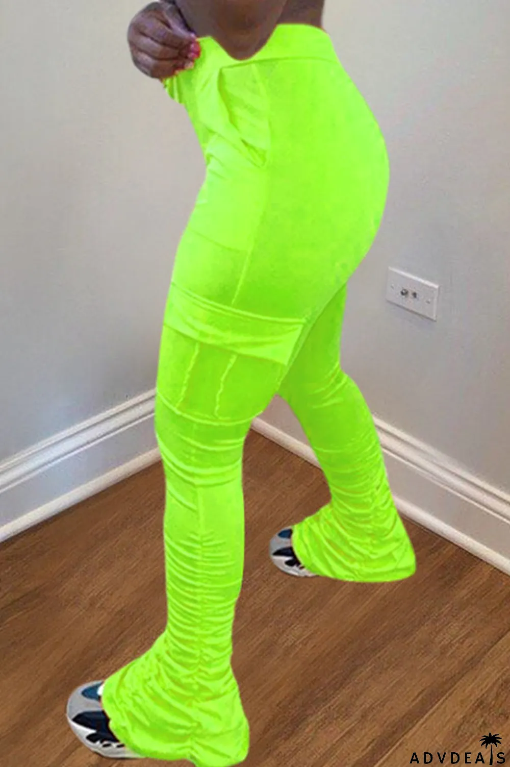 Orange Drawstring High Solid Pocket Draped Boot Cut Pants Bottoms