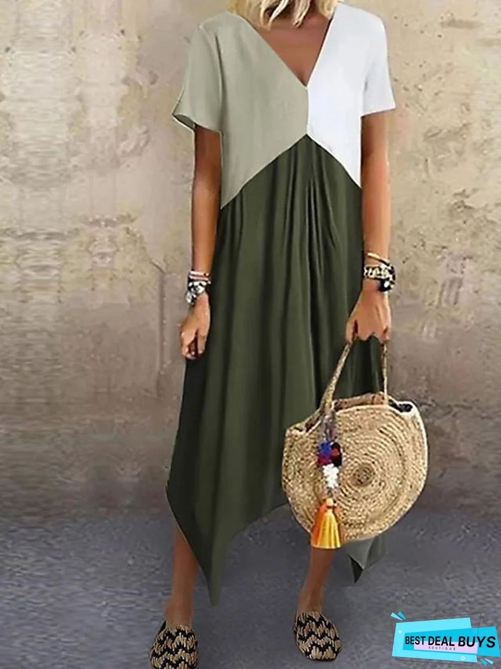 Women's A-Line Dress Midi Dress - Short Sleeve Color Block Color Block Spring & Summer V Neck Stylish Hot Red Green Gray Light Blue