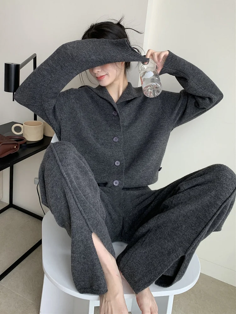 Urban Loose  Solid Color Cardigan Tops & Wide Leg Split-Front Pants Suits