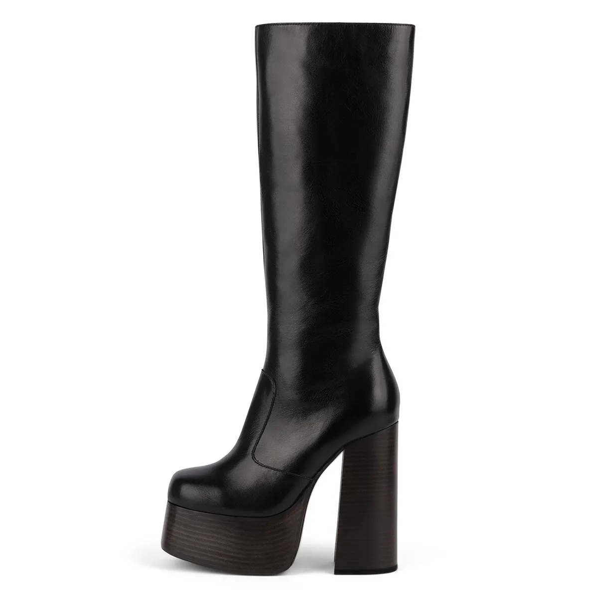 Black Faux Leather Square Toe Chunky Heel Knee High Platform Boots