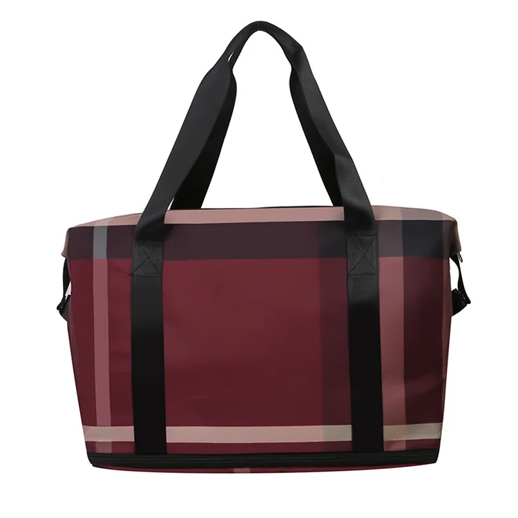 Plaid Fitness Bag Waterproof Nylon Sports Bag Outdoor Accessories (Wine Red)