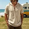 Men's Retro Vacation Linen Hooded Lace-Up Short Sleeve Shirt by Inlyline