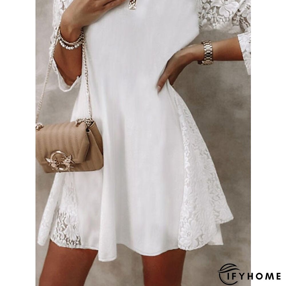 Women's Casual Dress Lace Dress Loose Dress Plain Lace Crew Neck Mini Dress Active Basic Holiday Vacation Long Sleeve Loose Fit White Spring Summer S M L XL XXL | IFYHOME