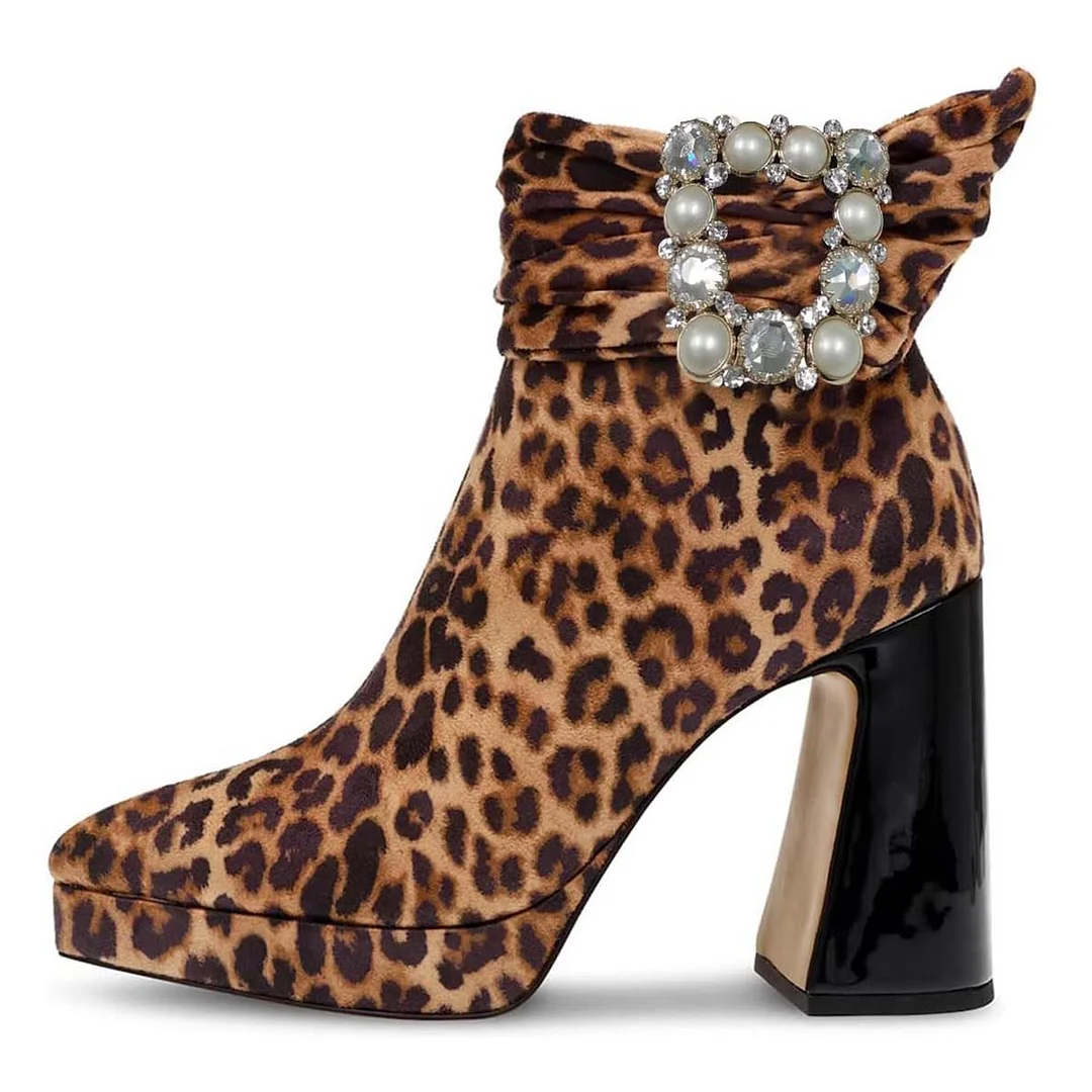Leopard Print Pointed Toe Chunky Heel Pearls Buckle Ankle Boots