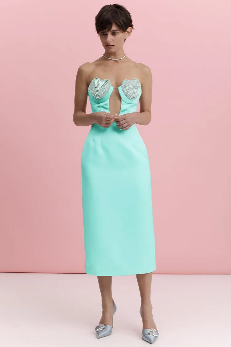 Heart-Shaped Rhinestone Strapless Slim Fit Formal Party Midi Dresses