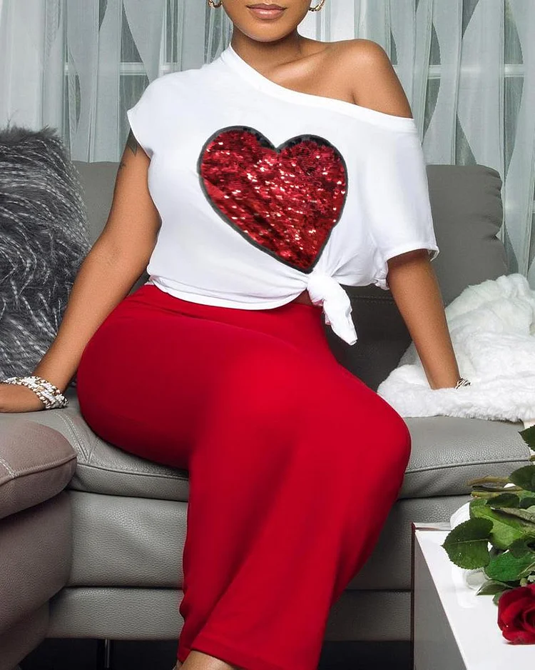 Heart Pattern Sequins T shirt & Maxi Skirt Set P4428488271