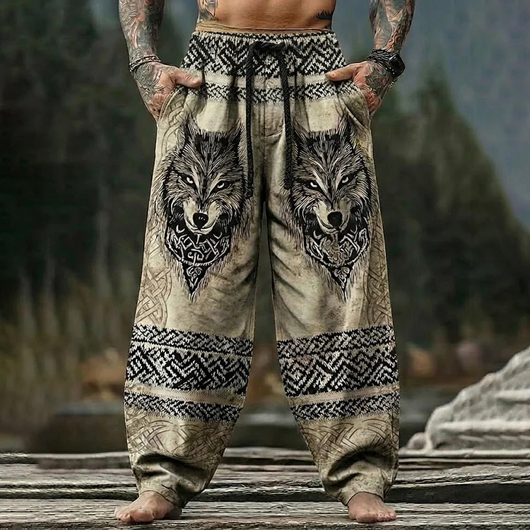 Men's Retro Viking Celtic Wolf Print Casual Pants