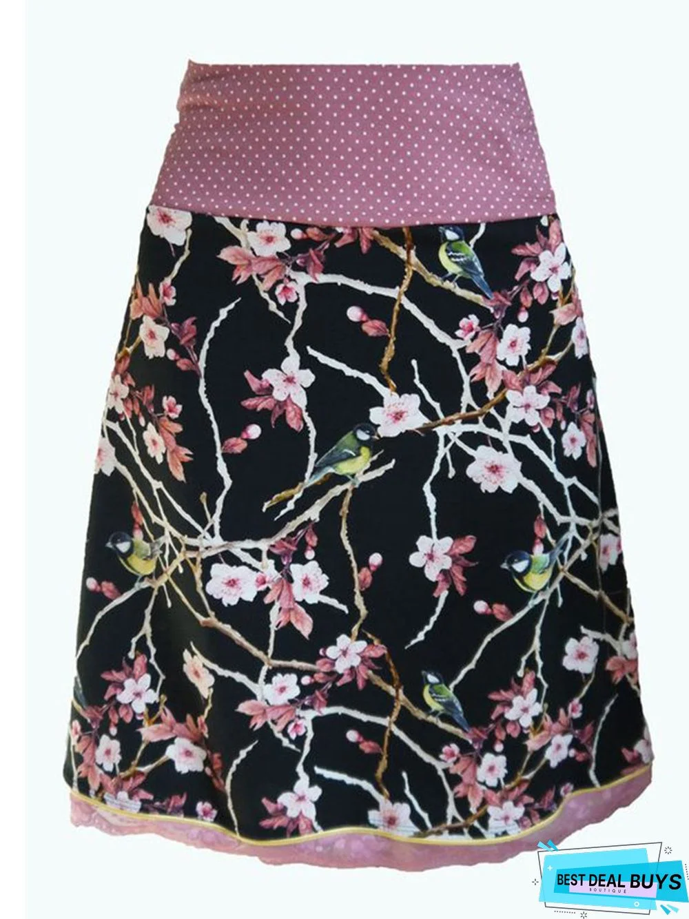 Pink Cotton-Blend Printed A-Line Casual Skirt