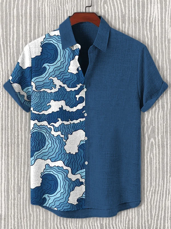 Men's Waves Line Japanese Art Print Short Sleeve Shirt