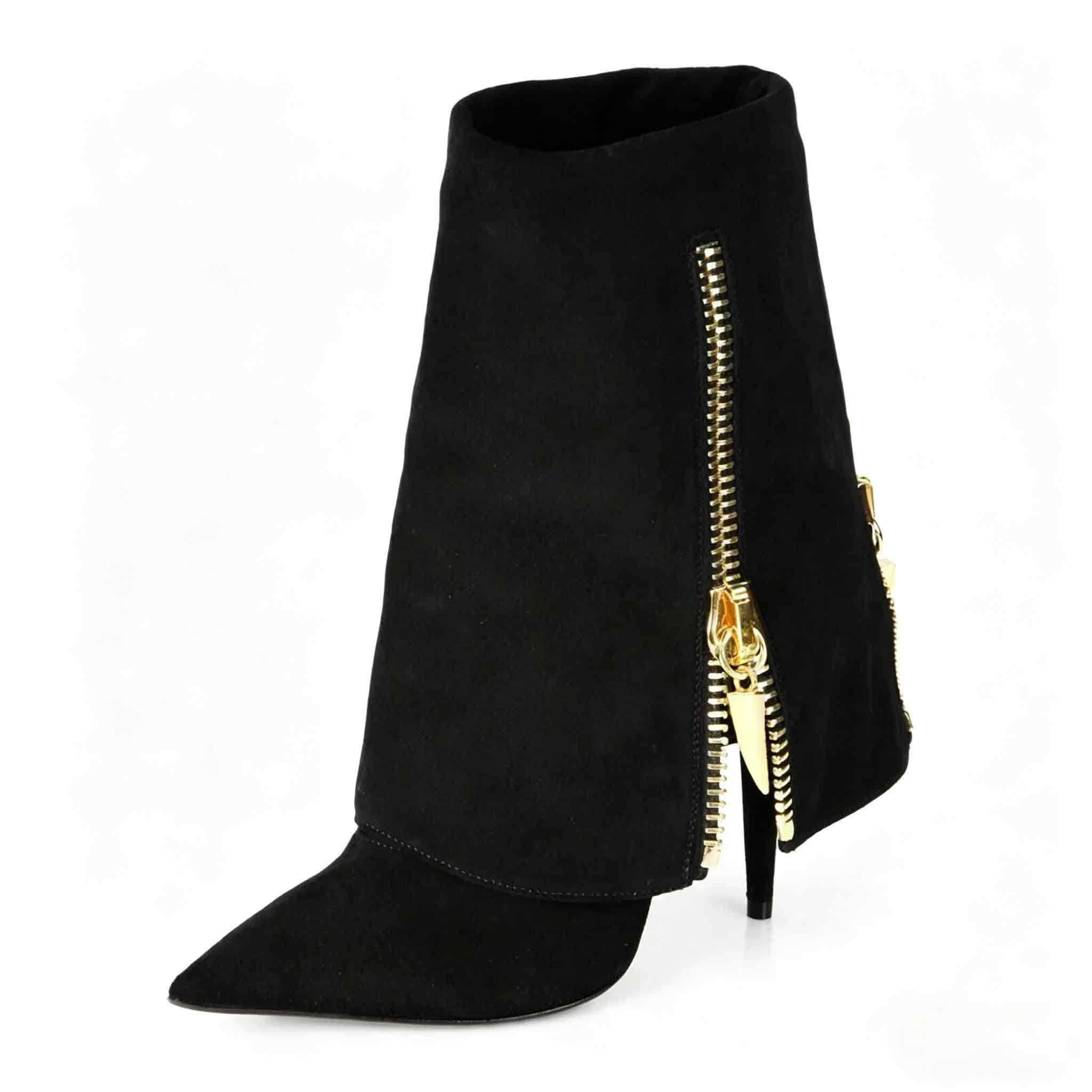 Gold Zipper Decor Booties Women Stylish Pointy Toe Fold Over High Heels Suede Shoes Ladies Streetwear Party Outdoor Metal Boots  highheelher