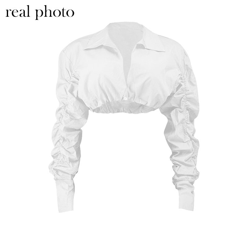 Simenual Button Ruched White Puff Sleeve Blouse Shirts Women Long Sleeve Fashion Fall 2021 Clothing Crop Blouses Solid Baddie