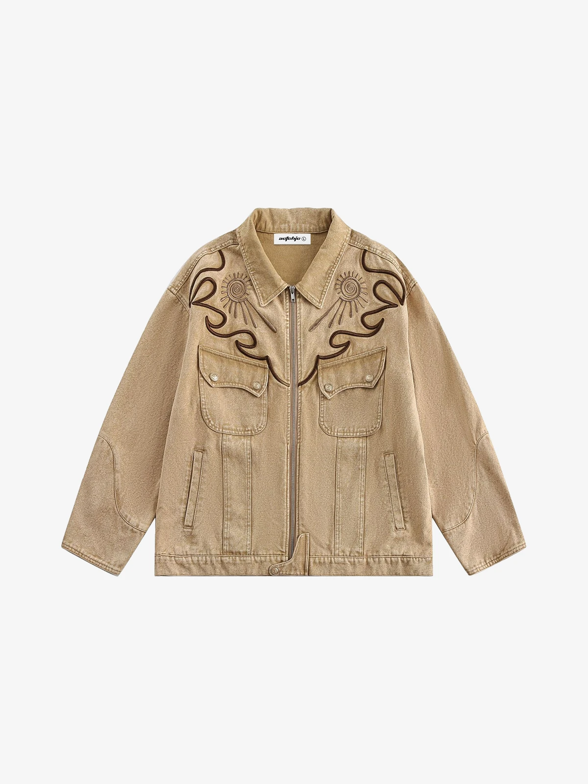 Khaki Act Chic Vintage Washed Embroidery Denim Jacket Front