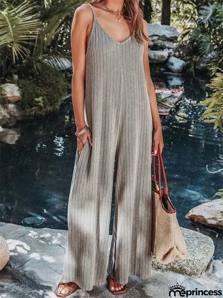 Vacation V Neck Backless Elegant Straight Leg Jumpsuit for Lady