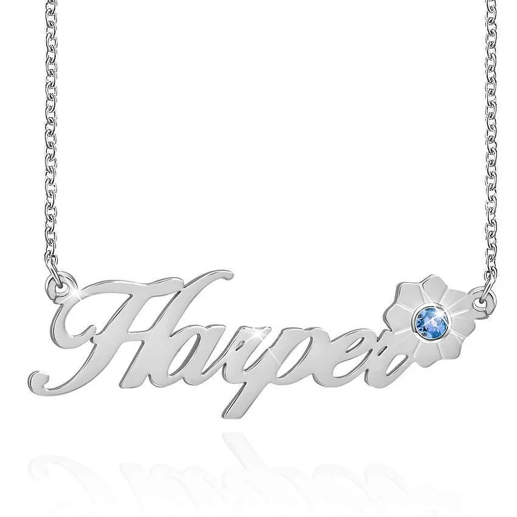 Name Necklace With Flower Personalized With Birthstone