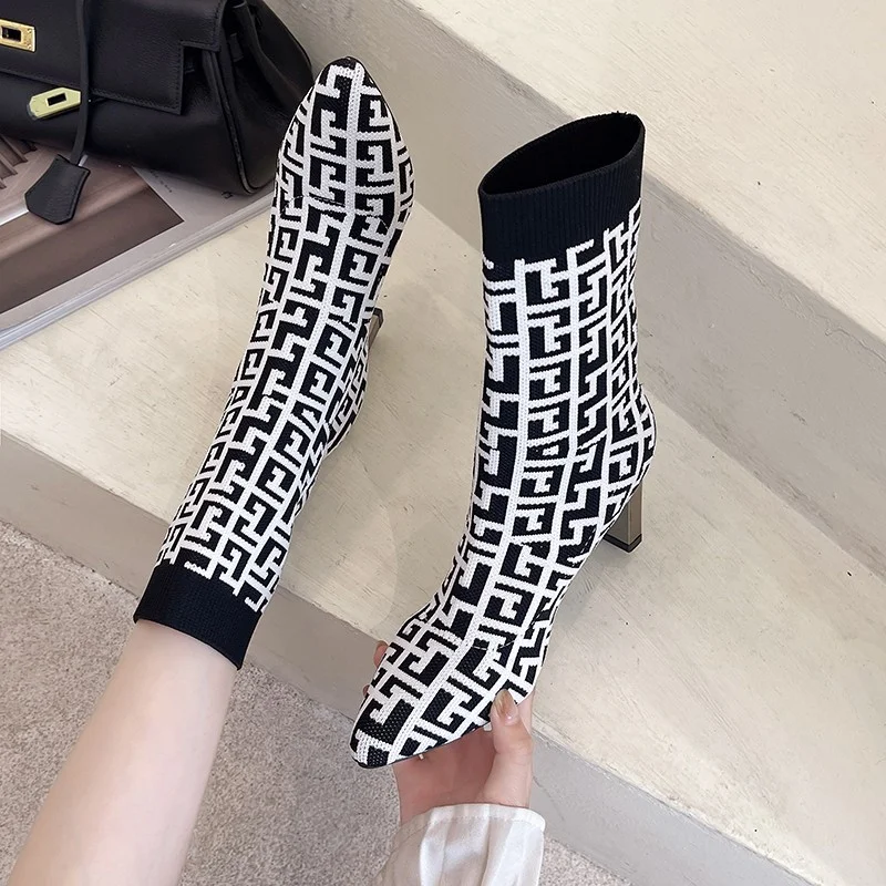 Zhungei New Winter Women's Shoes Knitted Mid-calf Socks Boots Pointed Toe Stiletto Elastic Designer Women's Boots 35-40